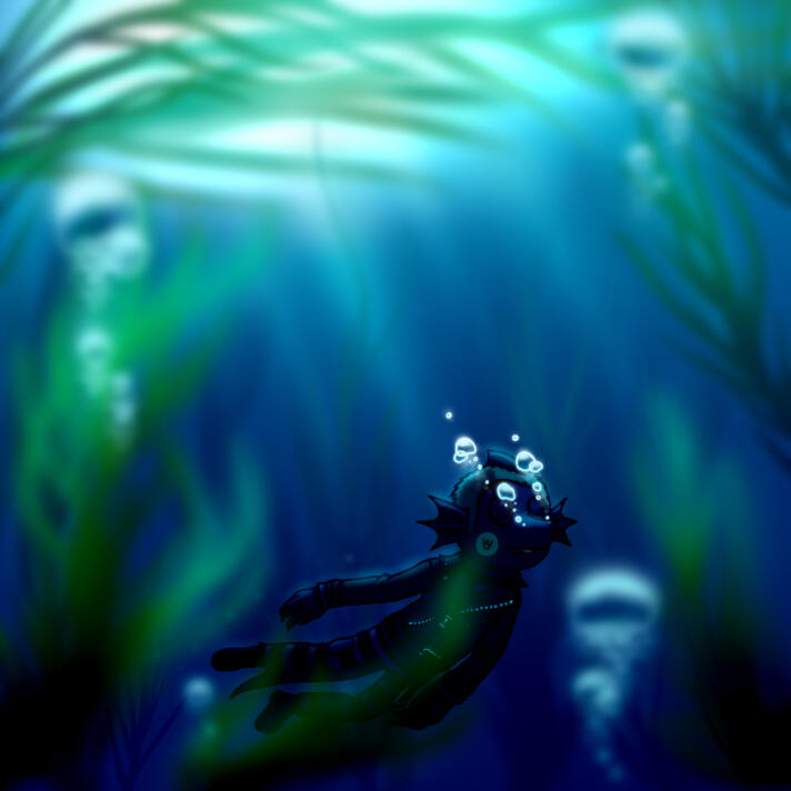 "i keep hitting these bad moods so i just doodled sea monster!Ryoma swimming in a kelp forest 🌊" (1/2)